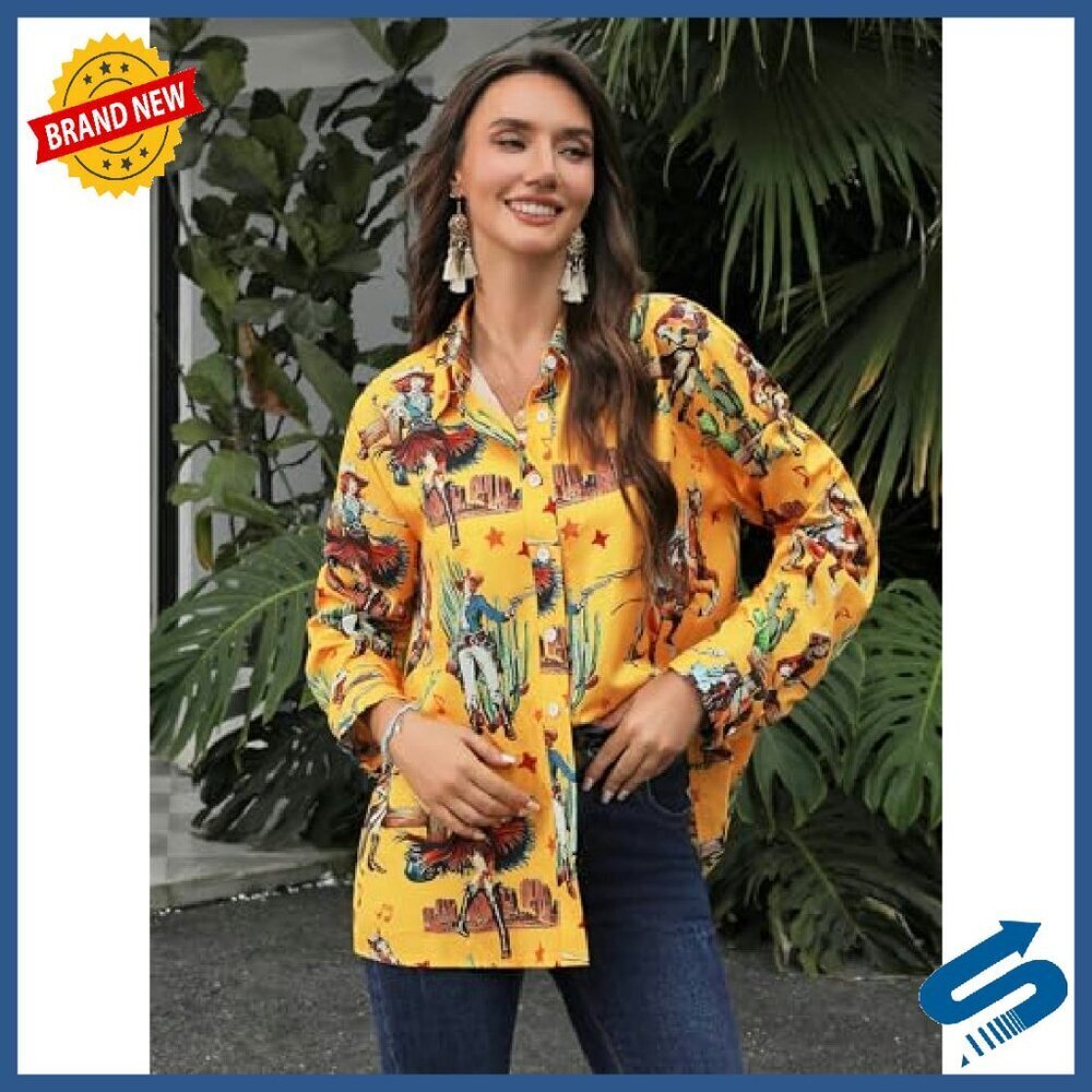 Women's Western Cowgirl Graphic Button Down Shirt 3/4 Sleeve Polyester - Picture 5 of 8